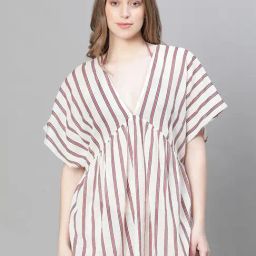 Oxolloxo White & Maroon Stripes Beachwear Kaftan-image-66