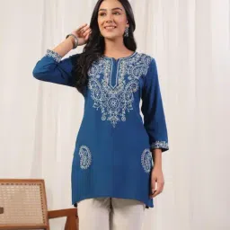 Autumnlane Blue Cyra Hibis Embroidered Regular Fit Short Kurti-picture-47