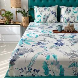 Urban Space Teal Blue & White Cotton 200 TC Double Bedsheet with 2 Pillow Covers-image-50