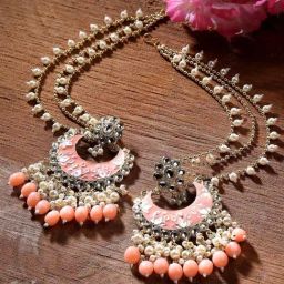 Karatcart Gold Plated Peach Meena Pearl and Tumble Studded Kundan Kaanchain Earrings for Women-image-46