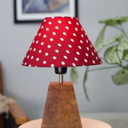 Homesake Cone Red Dot Red Wood Pyramid Table Lamp with Fabric Lampshade-11