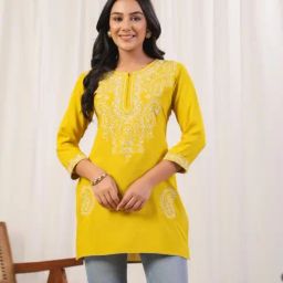 Autumnlane Yellow Cyra Amber Embroidered Regular Fit Short Kurti-image-22