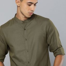 R.Code by The Roadster Life Co. Solid Band Collar Casual Shirt-image-10