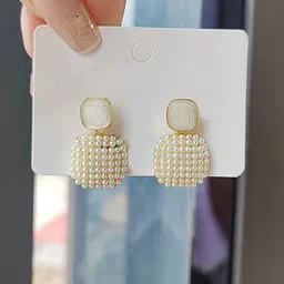 KRENOZ Gold-Plated Pearls Beaded Square Shaped Drop Earrings-image-66