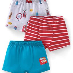 Babyhug 100% Cotton Briefs Stripes & Car Print Pack of 3 - Blue Grey & Maroon-image-111