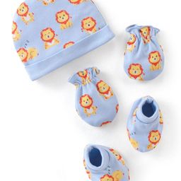 Babyhug 100% Cotton Knit Cap Mittens & Booties Set with Lion Print - Blue-picture-11