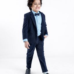 Babyhug Woven Full Sleeves Three Piece Solid Colour Party Suit with Bow - Navy Blue & Light Blue-image-134