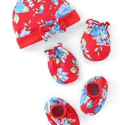 Babyhug 100% Cotton Cap Mittens & Booties Floral Print - Red-image-75