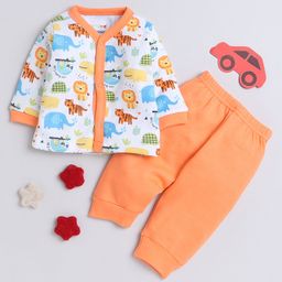 BUMZEE Full Sleeves Forest Animals Printed Coordinating Jhabla & Pajama Set - Orange & White-picture-7