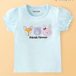 Babyoye 100% Cotton Interlock Puffed Sleeves Top with Animal & Text Embroidery - Blue-picture-23