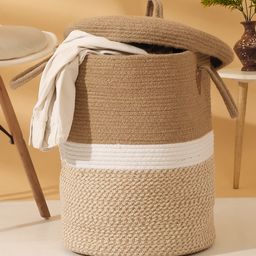 Hosta Homes Jute Cotton Hand Woven Laundry Hamper with Cover - Beige-22