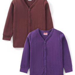 Babyhug Full Sleeves Front Open Solid Colour Thermal Vests Pack of 2 - Brown & Purple-image-58
