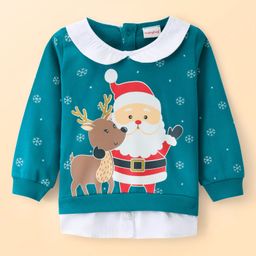 Babyhug Knit Full Sleeves Sweatshirt With Santa Claus Graphics & Peter Pan Collar - Teal-image-45