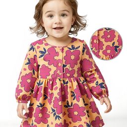 Doodle PoodleCotton Knit Full Sleeves Frock With Bloomer & Floral Print - Orange-image-97