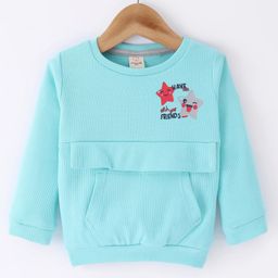 Olio Kids Cotton Knit Full Sleeves Winter T-Shirt with Kangaroo Pocket & Star Printed - Sea Green-image-99