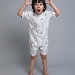 Little Clothing Cotton Woven Half Sleeves Animal Printed Coordinating Shirt With Shorts - Cream-image-59
