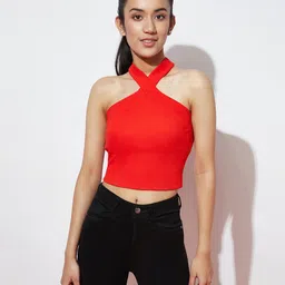 Spunkies Cotton Ribbed Detail Solid Halter Neck Top - Red-picture-6
