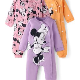 Babyhug Disney Interlock Knit Full Sleeves Front Open Minnie Mouse Printed Rompers Pack of 3 - Lilac Yellow & Pink-image-81