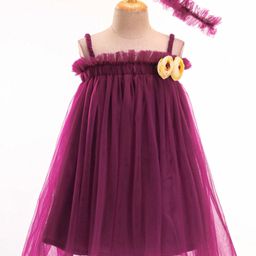 Enfance Sleeveless Floral Applique Solid Dress With Headband - Wine-image-99