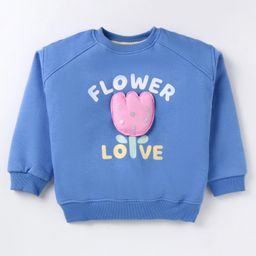 Little Kangaroos Fleece Knit Full Raglan Sleeves Sweatshirt with Text Print & Floral Applique - Royal Blue-picture-16