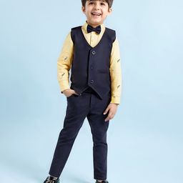 Babyhug Woven Full Sleeves 3 Piece Party Suit With Bird Print & Bow - Mustard & Navy Blue-image-33