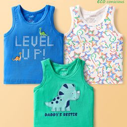 Babyoye Cotton Elastane Sleeveless Vests With Star & Dino Print Pack Of 3 - Green Blue & White-image-24