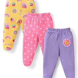Babyhug Interlock Knit Footed Leggings with Polka Dots Floral & Rainbow Print Pack of 3 - Yellow Pink & Lilac-image-45