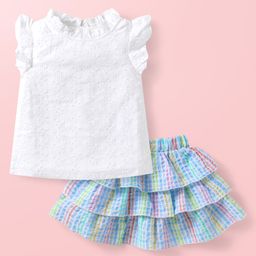 Babyhug Cotton Woven Half Sleeves Schiffli Top & Checkered Frill Skirt Set -White & Light Blue-picture-40
