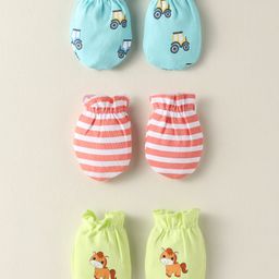 Babyhug 100% Cotton Interlock Knit Mittens With Stripes & Animal Print Pack Of 3 - Yellow Light Blue & Light Green-image-84