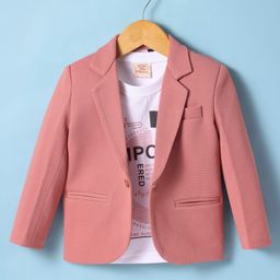 Rikidoos Full Sleeves Textured Blazer With Typography Printed Tee - Peach & White-image-88