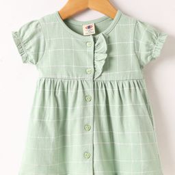 Zero Sinker Knit Half Sleeves Checks Front Open Frock - Light Green-picture-2
