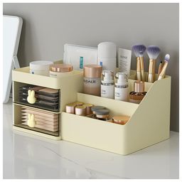 House of Quirk Polypropylene, Polystyrene 2 Drawer Cosmetics Makeup Organizer For Vanity Bathroom, Clear Drawer Cosmetic Storage Display Case With Brush Holder - Cream-15