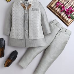 Ahhaaaa Silk Blend Full Sleeves Solid Kurta Pyjama With Abstract Embroidered Jacket & Maala Set - Grey-image-10
