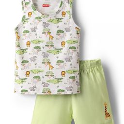 Babyhug 100% Cotton Single Jersey Knit Sleeveless Sando & Shorts Set With Animal Print - White & Light Green-picture-24