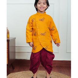 Polka Tots Cotton Full Sleeves Classical Instruments Embroidered Kurta Dhoti Set - Yellow-image-23