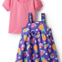 Babyhug Cotton Knit Half Sleeves Frock & Inner Tee with Fruits Print & Bow Applique - Pink & Purple-image-122