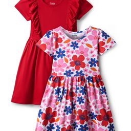 Honeyhap 100% Premium Cotton Knit With Bio Finish Half Sleeves Frocks With Floral Print & Frill Detailing Pack of 2 - Bright White & Barbados Cherry-image-37