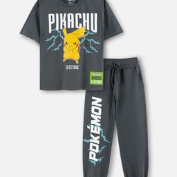 Nap Chief Cotton Knit Pokemon Featuring Half Sleeves Pikachu Printed Oversized Tee & Joggers Set - Dark Grey-image-60