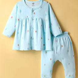 Zero Sinker Knit Full Sleeves Front Open Printed Co-Ords Night Suit - Light Blue-picture-42