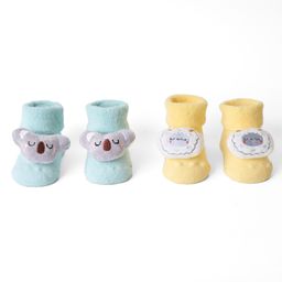 Kicks & Crawl Cotton Pack Of 2 Baby Animals Applique Detailed Anti Skid 3D Socks - Sea Green & Yellow image 2