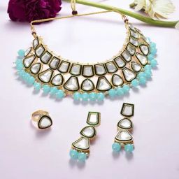 Zaveri Pearls Turquoise Blue Beaded Kundan Choker Necklace Earring & Ring Set-ZPFK16364-27