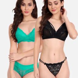 FIMS: Fashion is my Style Black & Green Lace Work Lingerie Set - Pack Of 2-image-35