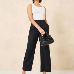 Styli Black 2 Way Stretch High Rise Cropped Leg Pants With Folded Pleats-image-39