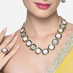 Zaveri Pearls MultiColor Artificial Stones Long Necklace Earring & Ring Set-ZPFK16495-19