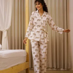 SANSKRUTIHOMES Women Printed Lapel Collar Pure Cotton Night suit-image-66