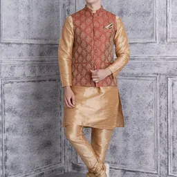 Ethluxis Mandarin Collar Dupion Silk Straight Kurta With Churidar & Jacquard Nehru Jacket-picture-4