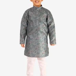 Pro-Ethic Style Developer Kids Grey & White Floral Print Full Sleeves Kurta with Pyjamas-image-3
