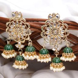 Karatcart Gold-Plated Kundan Studded Green Meena Floral Triple Jhumki Earrings for Women-28