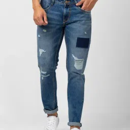 Spykar Vintage Blue Cotton Slim Fit Distressed Jeans-image-40