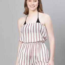 Oxolloxo White & Maroon Stripes Beachwear Playsuit-picture-25